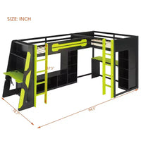 Lit mezzanine de jeu en L avec bureaux, lits superposés doubles avec lumières LED, ports USB, étagères de rangement, lit mezzanine d'angle en bois pour 2 personnes