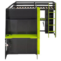 Lit mezzanine de jeu en L avec bureaux, lits superposés doubles avec lumières LED, ports USB, étagères de rangement, lit mezzanine d'angle en bois pour 2 personnes