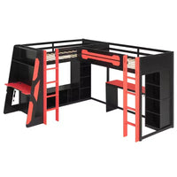 Lit mezzanine de jeu en L avec bureaux, lits superposés doubles avec lumières LED, ports USB, étagères de rangement, lit mezzanine d'angle en bois pour 2 personnes
