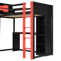 Lit mezzanine de jeu en L avec bureaux, lits superposés doubles avec lumières LED, ports USB, étagères de rangement, lit mezzanine d'angle en bois pour 2 personnes
