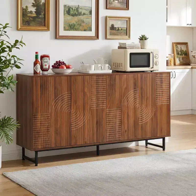 JVNOXK Buffet moderne du milieu du siècle de 59 pouces, multifonctionnel, meuble de rangement sculpté géométrique avec pieds en métal, idéal pour les salles à manger, en bois.