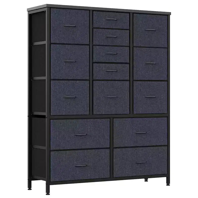 Commode haute de 122 cm avec 15 tiroirs, commode de rangement en tissu avec cadre en métal, plateau en bois, meuble de rangement pour chambre, placard, couloir