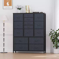 Commode haute de 122 cm avec 15 tiroirs, commode de rangement en tissu avec cadre en métal, plateau en bois, meuble de rangement pour chambre, placard, couloir