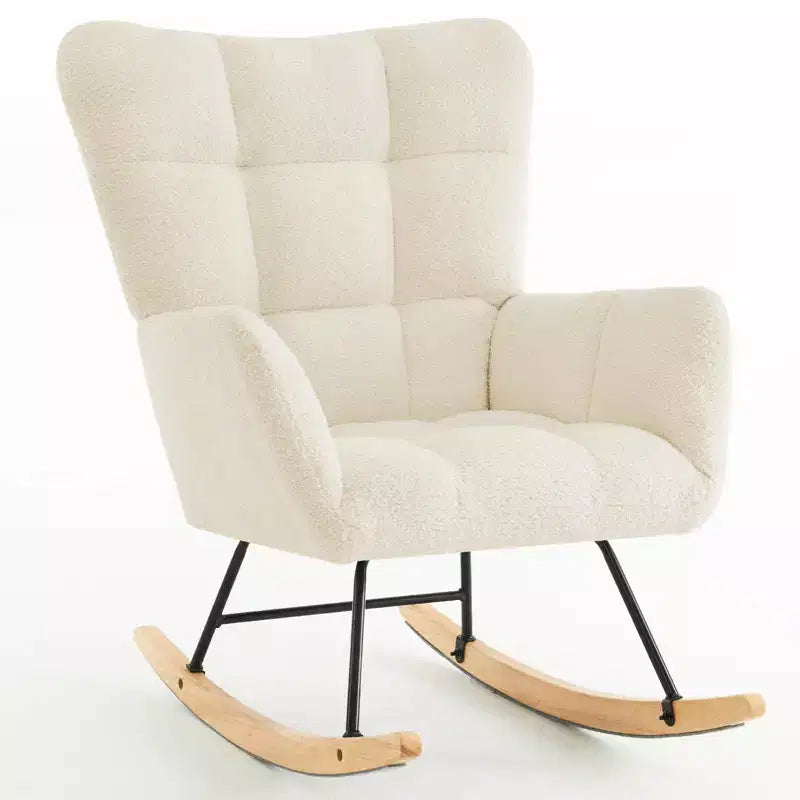 Furniliving Fauteuil à bascule rembourré en fausse fourrure shearling, fauteuil inclinable avec dossier haut et pieds en bois
