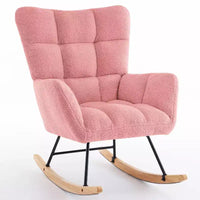 Furniliving Fauteuil à bascule rembourré en fausse fourrure shearling, fauteuil inclinable avec dossier haut et pieds en bois
