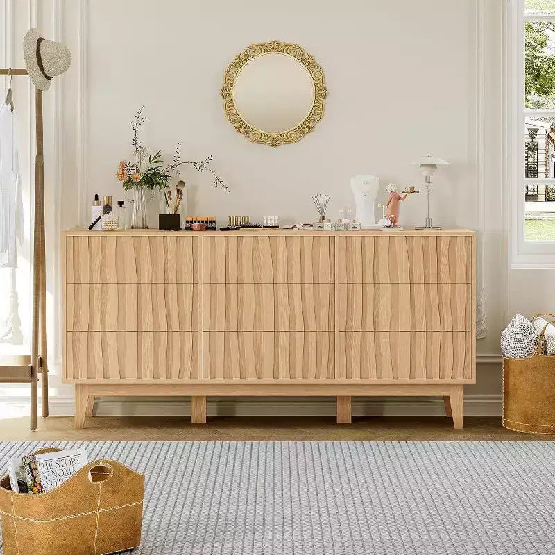 Commode cannelée pour chambre à coucher avec 9 tiroirs, commode cannelée moderne, armoire de rangement en bois autoportante, meuble TV pour bureau à domicile