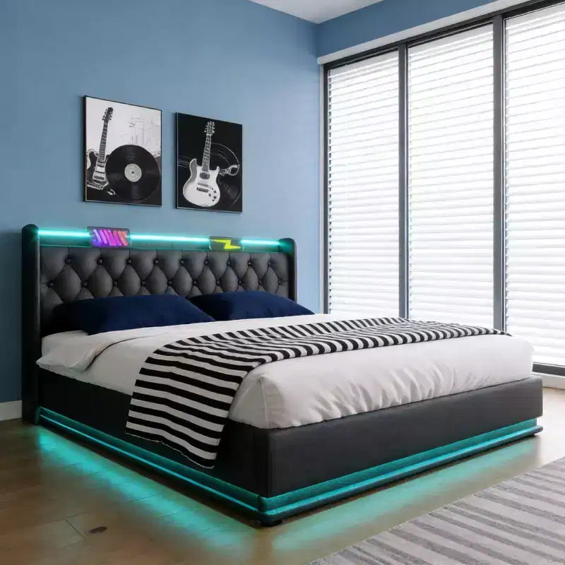 Luxystar Lit Full rembourré avec rangement hydraulique, lumières RGB, ports USB et Type-C