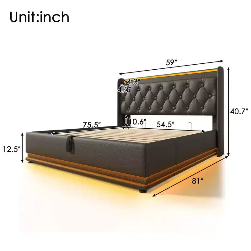 Luxystar Lit Full rembourré avec rangement hydraulique, lumières RGB, ports USB et Type-C