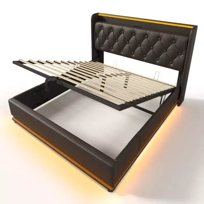 Luxystar Lit Full rembourré avec rangement hydraulique, lumières RGB, ports USB et Type-C
