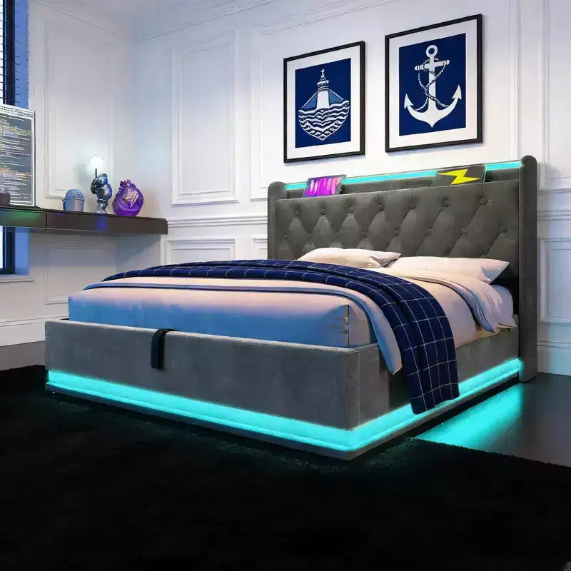 Luxystar Lit Full rembourré avec rangement hydraulique, lumières RGB, ports USB et Type-C