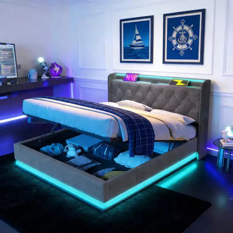 Luxystar Lit Full rembourré avec rangement hydraulique, lumières RGB, ports USB et Type-C