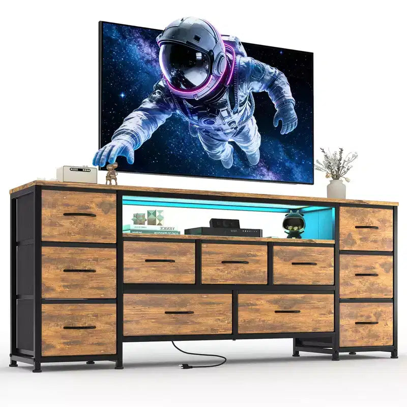 Commode à 11 tiroirs, Meuble TV pour téléviseur de 70 pouces, Meuble de rangement avec étagères ouvertes pour salon, chambre à coucher