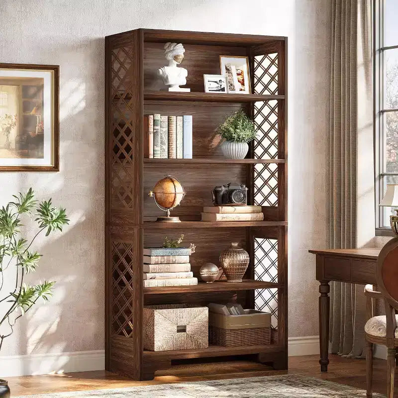 Bibliothèque Lantine de 180 cm de haut, grande étagère de style Mid-Century à 6 niveaux avec 5 étagères de rangement pour salon, bureau à domicile