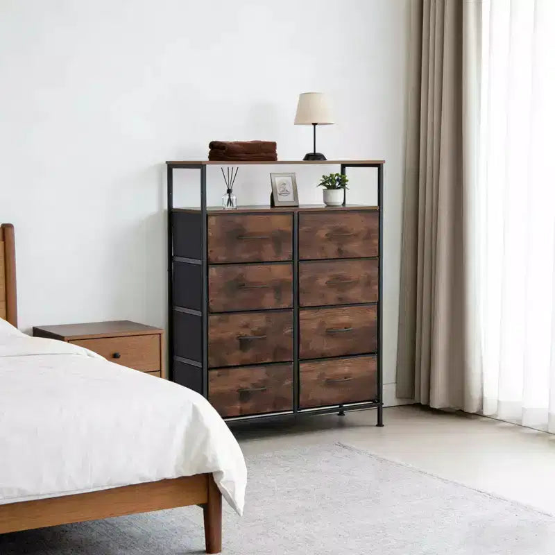 MAYEERTY Commode en tissu à 8 tiroirs de 116,5 cm, Armoire de rangement haute avec étagère ouverte pour chambre à coucher ou placard