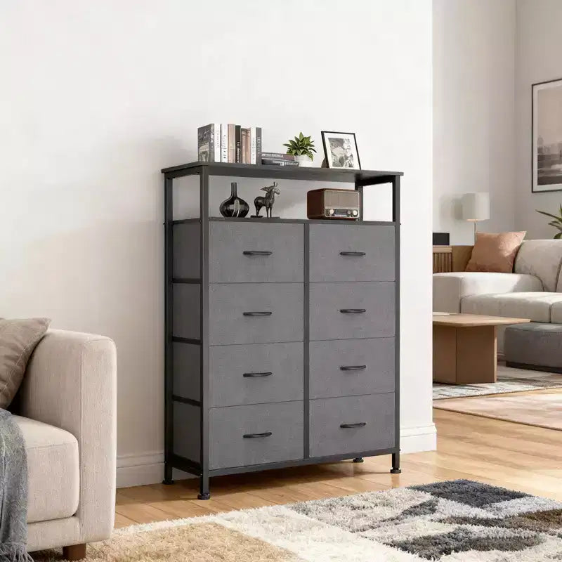 MAYEERTY Commode en tissu à 8 tiroirs de 116,5 cm, Armoire de rangement haute avec étagère ouverte pour chambre à coucher ou placard