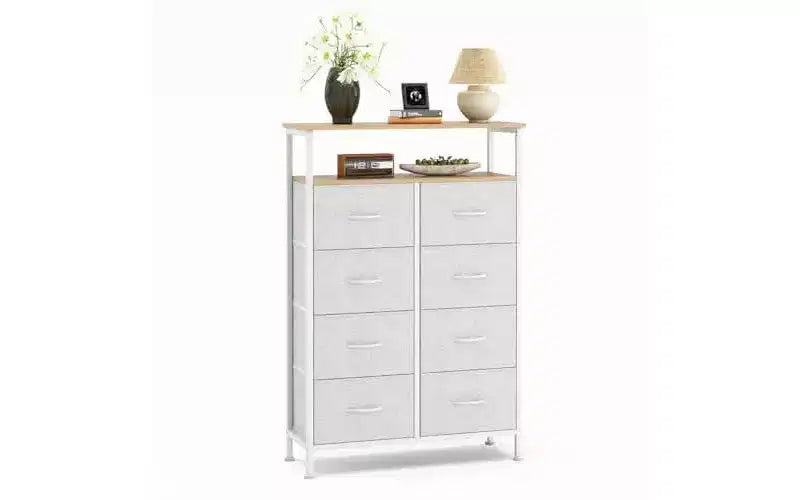 MAYEERTY Commode en tissu à 8 tiroirs de 116,5 cm, Armoire de rangement haute avec étagère ouverte pour chambre à coucher ou placard