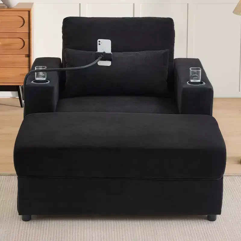 MAYEERTY Fauteuil moderne 42.5 Canapé-méridienne avec pouf de rangement mobile, deux porte-gobelets, poches latérales pour salon, noir
