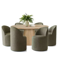 Ensemble Table à Manger Ronde 6 Places, Chaises de Salle à Manger Rembourrées à Dossier Arrondi avec Roulettes, Tissu Mélange Lin, Soutien Dorsal Incurvé - Panipeachy