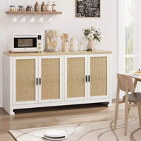 Meuble de rangement d'appoint en rotin GustoWave avec 4 portes et étagère – Buffet moderne pour bar à café, salle à manger, cuisine, salon