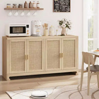 Meuble de rangement d'appoint en rotin GustoWave avec 4 portes et étagère – Buffet moderne pour bar à café, salle à manger, cuisine, salon