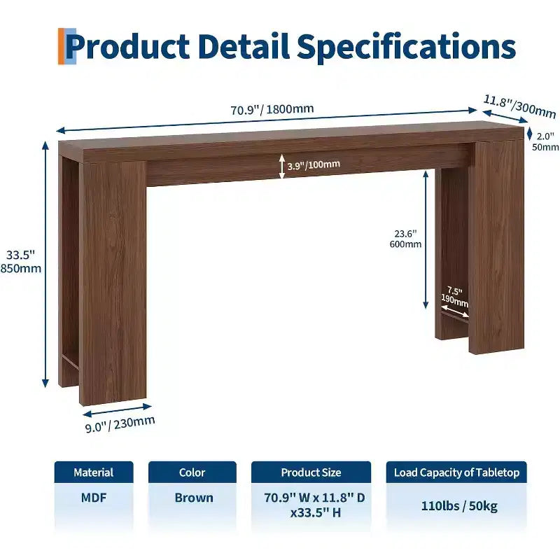 Table console rustique style ferme 70,9 po, finition chêne, table d'appoint en bois pour entrée, salon, couloir, hall, montage facile
