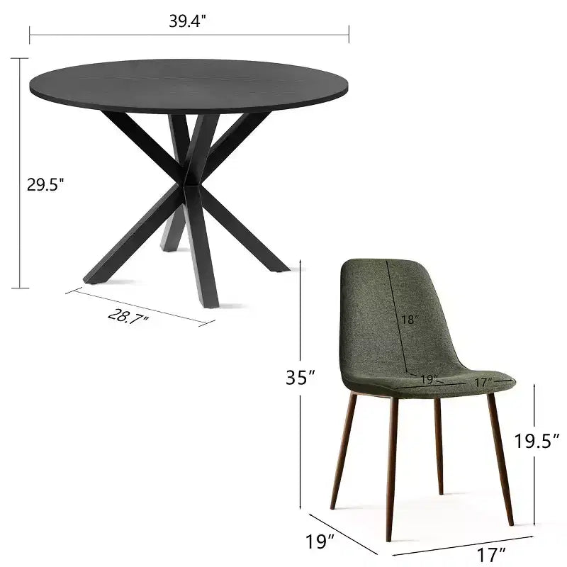 Ensemble repas 5 pièces pour 4, table à manger ronde avec pieds métalliques croisés et chaises rembourrées aspect chêne pour cuisine et salle à manger - Panipeachy