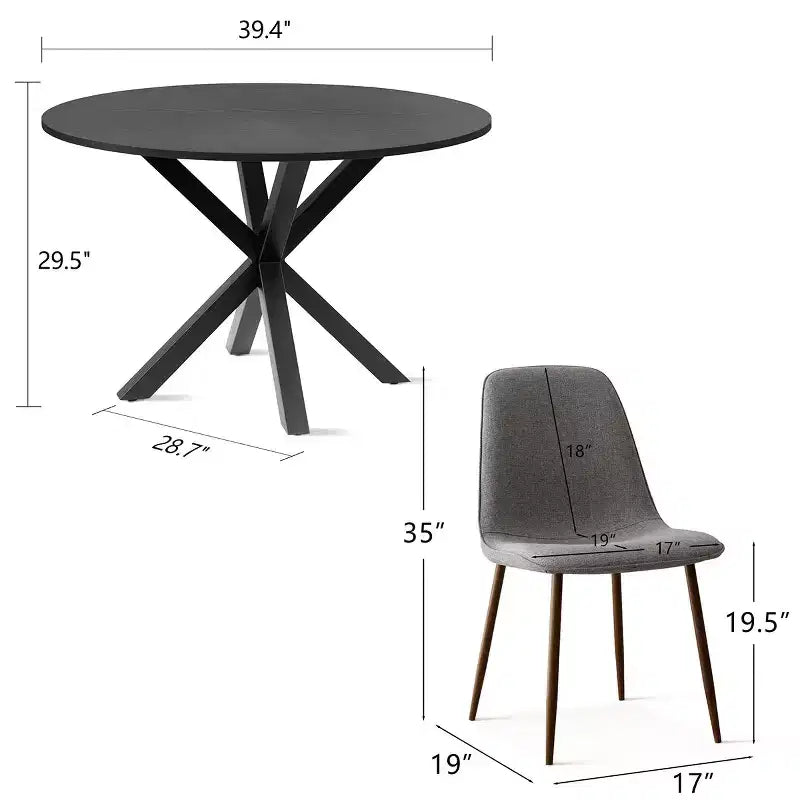 Ensemble repas 5 pièces pour 4, table à manger ronde avec pieds métalliques croisés et chaises rembourrées aspect chêne pour cuisine et salle à manger - Panipeachy