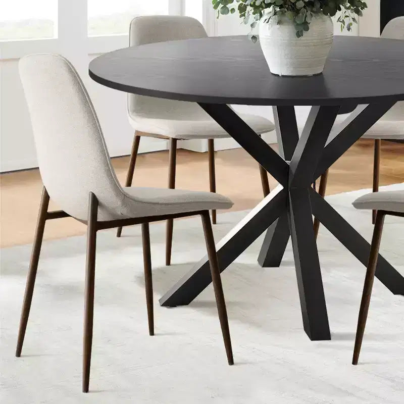 Ensemble repas 5 pièces pour 4, table à manger ronde avec pieds métalliques croisés et chaises rembourrées aspect chêne pour cuisine et salle à manger - Panipeachy