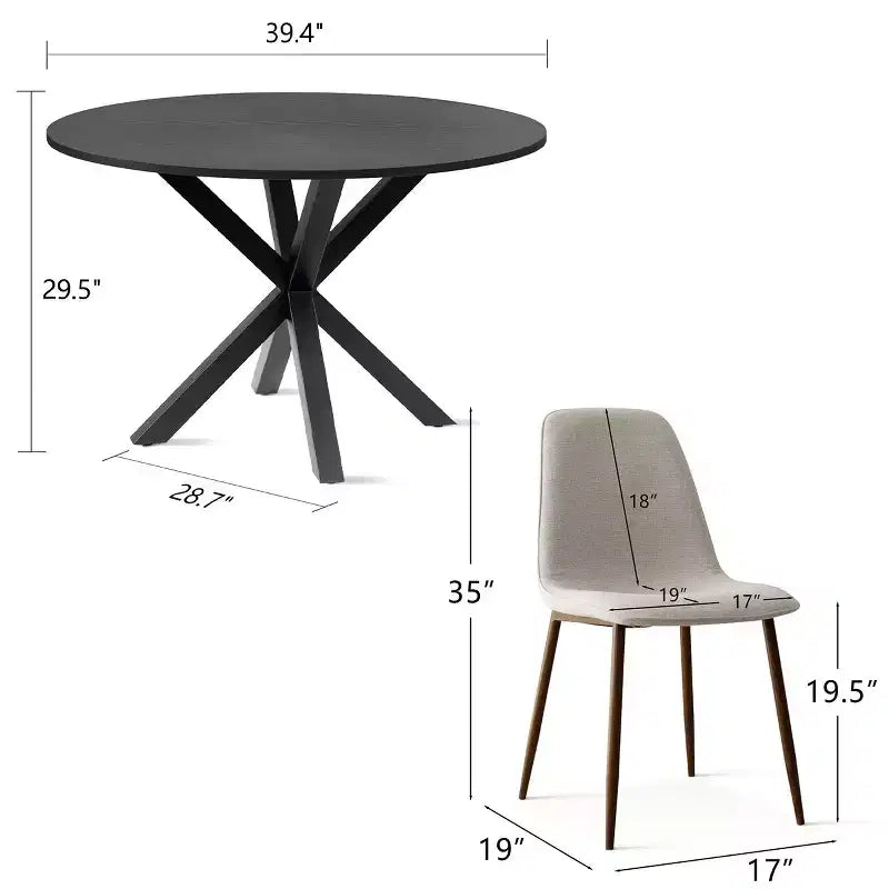 Ensemble repas 5 pièces pour 4, table à manger ronde avec pieds métalliques croisés et chaises rembourrées aspect chêne pour cuisine et salle à manger - Panipeachy