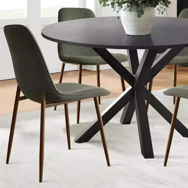 Ensemble repas 5 pièces pour 4, table à manger ronde avec pieds métalliques croisés et chaises rembourrées aspect chêne pour cuisine et salle à manger - Panipeachy