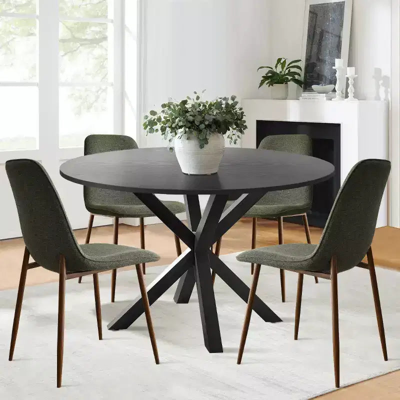 Ensemble repas 5 pièces pour 4, table à manger ronde avec pieds métalliques croisés et chaises rembourrées aspect chêne pour cuisine et salle à manger - Panipeachy