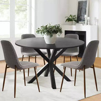 Ensemble repas 5 pièces pour 4, table à manger ronde avec pieds métalliques croisés et chaises rembourrées aspect chêne pour cuisine et salle à manger - Panipeachy