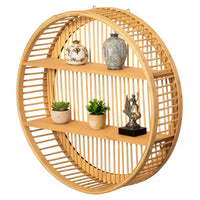 Étagère murale ronde en bambou Vintiquewise avec 2 niveaux en bois, décoration murale suspendue naturelle et présentoir flottant pour maison, salon, bureau