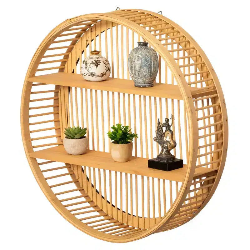 Étagère murale ronde en bambou Vintiquewise avec 2 niveaux en bois, décoration murale suspendue naturelle et présentoir flottant pour maison, salon, bureau