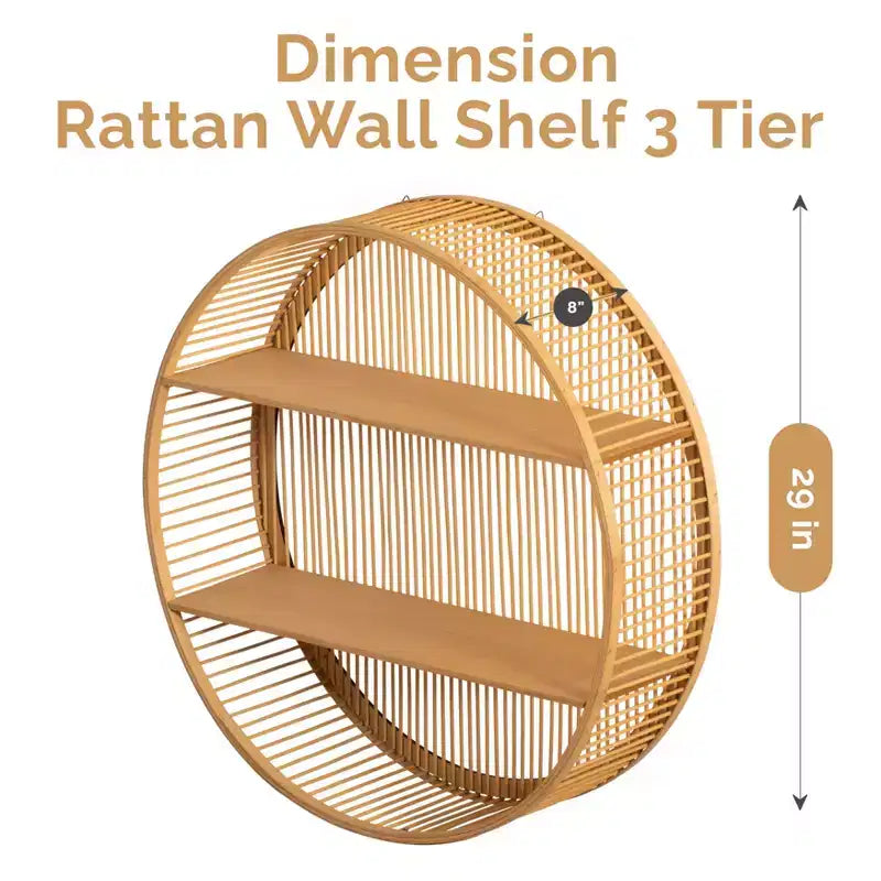 Étagère murale ronde en bambou Vintiquewise avec 2 niveaux en bois, décoration murale suspendue naturelle et présentoir flottant pour maison, salon, bureau