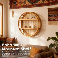 Étagère murale ronde en bambou Vintiquewise avec 2 niveaux en bois, décoration murale suspendue naturelle et présentoir flottant pour maison, salon, bureau