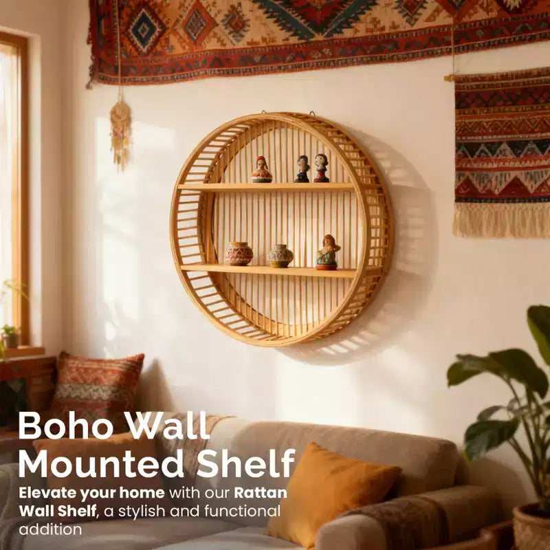 Étagère murale ronde en bambou Vintiquewise avec 2 niveaux en bois, décoration murale suspendue naturelle et présentoir flottant pour maison, salon, bureau