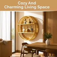 Étagère murale ronde en bambou Vintiquewise avec 2 niveaux en bois, décoration murale suspendue naturelle et présentoir flottant pour maison, salon, bureau