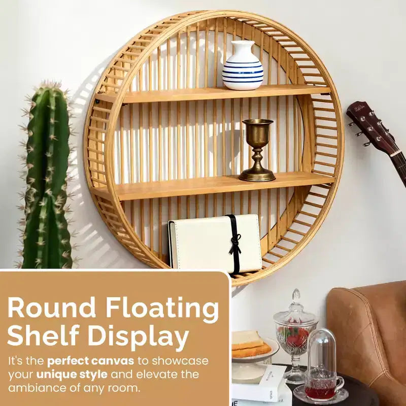 Étagère murale ronde en bambou Vintiquewise avec 2 niveaux en bois, décoration murale suspendue naturelle et présentoir flottant pour maison, salon, bureau