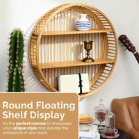 Étagère murale ronde en bambou Vintiquewise avec 2 niveaux en bois, décoration murale suspendue naturelle et présentoir flottant pour maison, salon, bureau