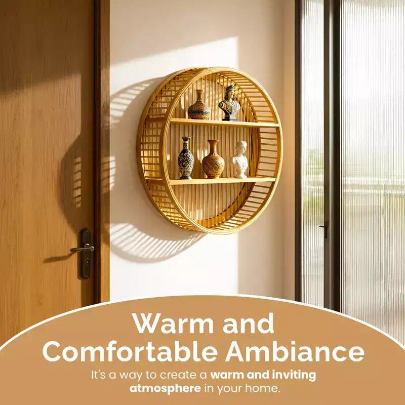 Étagère murale ronde en bambou Vintiquewise avec 2 niveaux en bois, décoration murale suspendue naturelle et présentoir flottant pour maison, salon, bureau