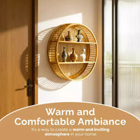 Étagère murale ronde en bambou Vintiquewise avec 2 niveaux en bois, décoration murale suspendue naturelle et présentoir flottant pour maison, salon, bureau