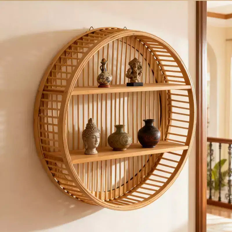 Étagère murale ronde en bambou Vintiquewise avec 2 niveaux en bois, décoration murale suspendue naturelle et présentoir flottant pour maison, salon, bureau