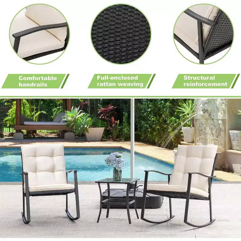 Ensemble de 3 fauteuils à bascule d'extérieur Celebalcony, petit ensemble de bistro en rotin tressé en PE pour porche avant, ensemble de fauteuils à bascule de patio rembourrés avec table en verre (beige)