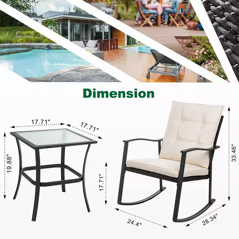 Ensemble de 3 fauteuils à bascule d'extérieur Celebalcony, petit ensemble de bistro en rotin tressé en PE pour porche avant, ensemble de fauteuils à bascule de patio rembourrés avec table en verre (beige)