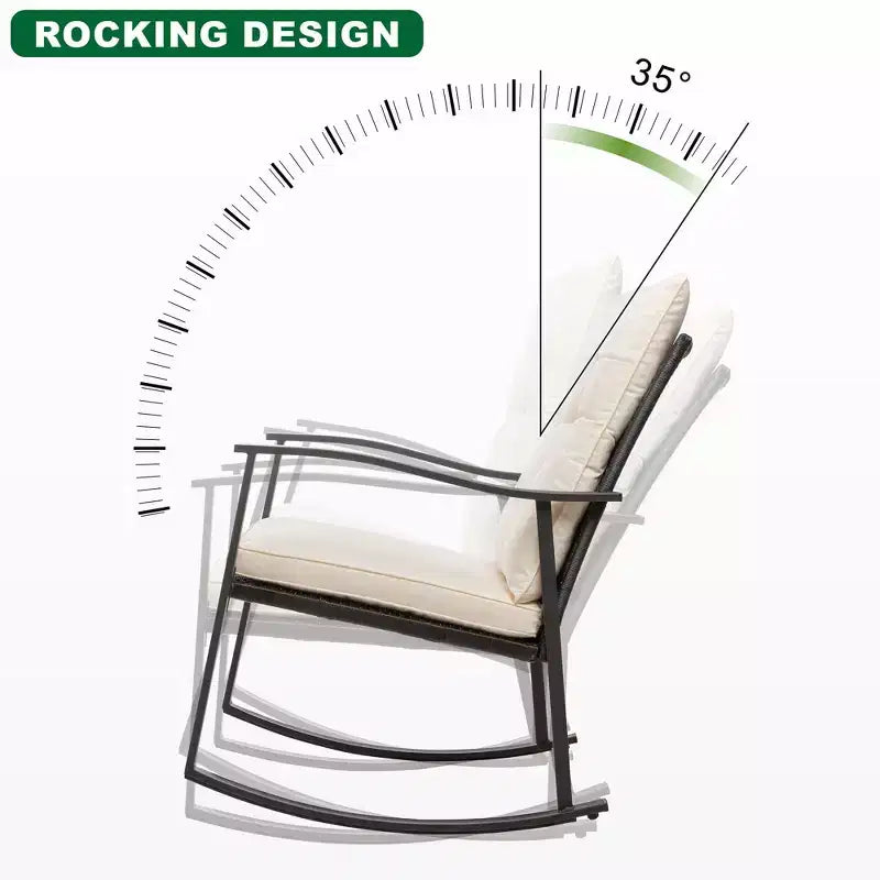 Ensemble de 3 fauteuils à bascule d'extérieur Celebalcony, petit ensemble de bistro en rotin tressé en PE pour porche avant, ensemble de fauteuils à bascule de patio rembourrés avec table en verre (beige)