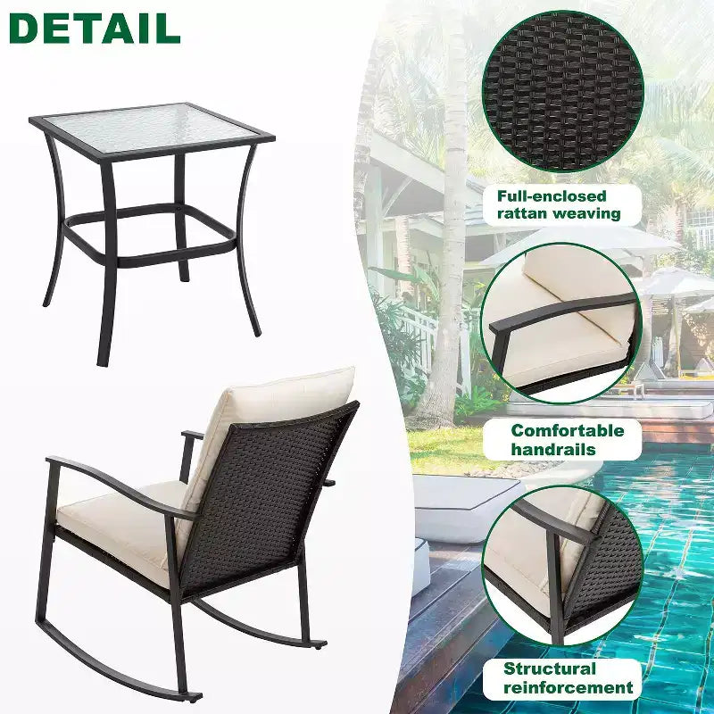 Ensemble de 3 fauteuils à bascule d'extérieur Celebalcony, petit ensemble de bistro en rotin tressé en PE pour porche avant, ensemble de fauteuils à bascule de patio rembourrés avec table en verre (beige)