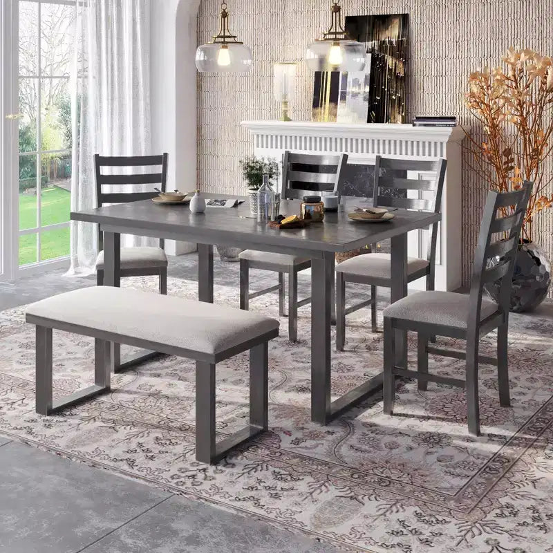 Ensemble de salle à manger 6 pièces de style ferme avec banc, table rectangulaire en bois et 4 chaises rembourrées pour cuisine, gris