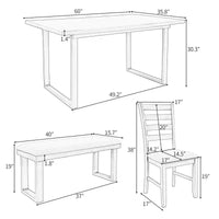 Ensemble de salle à manger 6 pièces de style ferme avec banc, table rectangulaire en bois et 4 chaises rembourrées pour cuisine, gris