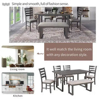 Ensemble de salle à manger 6 pièces de style ferme avec banc, table rectangulaire en bois et 4 chaises rembourrées pour cuisine, gris